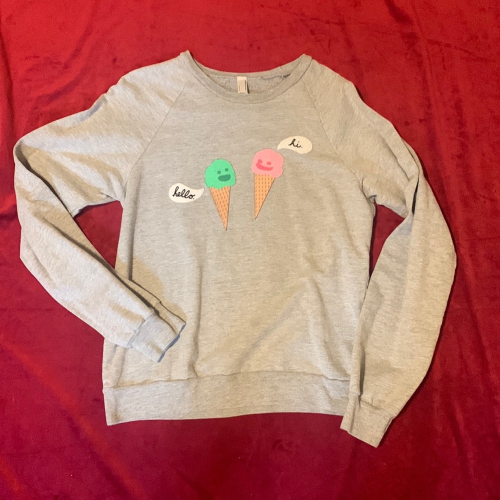 Light Grey Crew Unisex Sweatshirt w/ Cute Cartoon Like Ice Cream Patches Size S